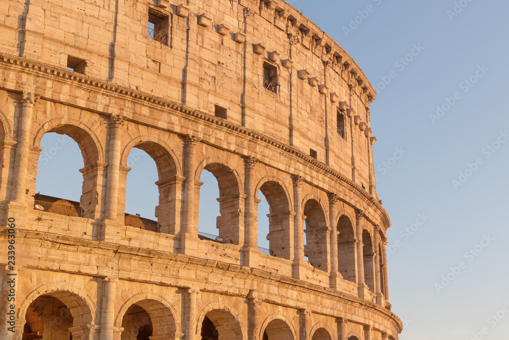 Colosseum in sunset light. Rome Italy. Horizontally with place for your text.