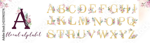 Gold glitter letter alphabet. Isolated Golden alphabetic fonts and numbers on white background. Floral wedding font text illustration