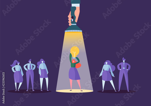 Hand with Flashlight Pointing at Business Woman Character with Light Bulb. Recruitment, Leadership Concept, Human Resources, Creative Idea. Vector illustration