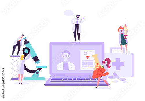 Flat medicine laptop with app for doctors and viewing patient information. Concept modern online science equipment with man and woman characters. Vector illustration.