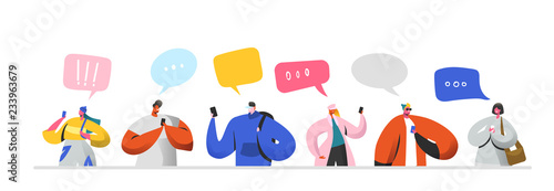 Social Networking Virtual Relationships Concept. Flat People Characters Chatting via Internet Using Smartphone. Group of Man and Woman with Mobile Phones. Vector illustration