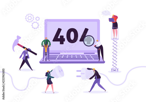 Website Under Construction. 404 Page Maintenance with Characters Workers in Uniform Repairing Network Problem. Web Page Not Found. Vector illustration
