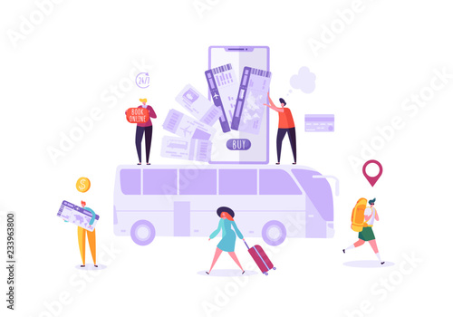 People Booking Bus Tickets Online Using Smartphone. Man and Woman Characters Planning Holiday Travel. Vector illustration