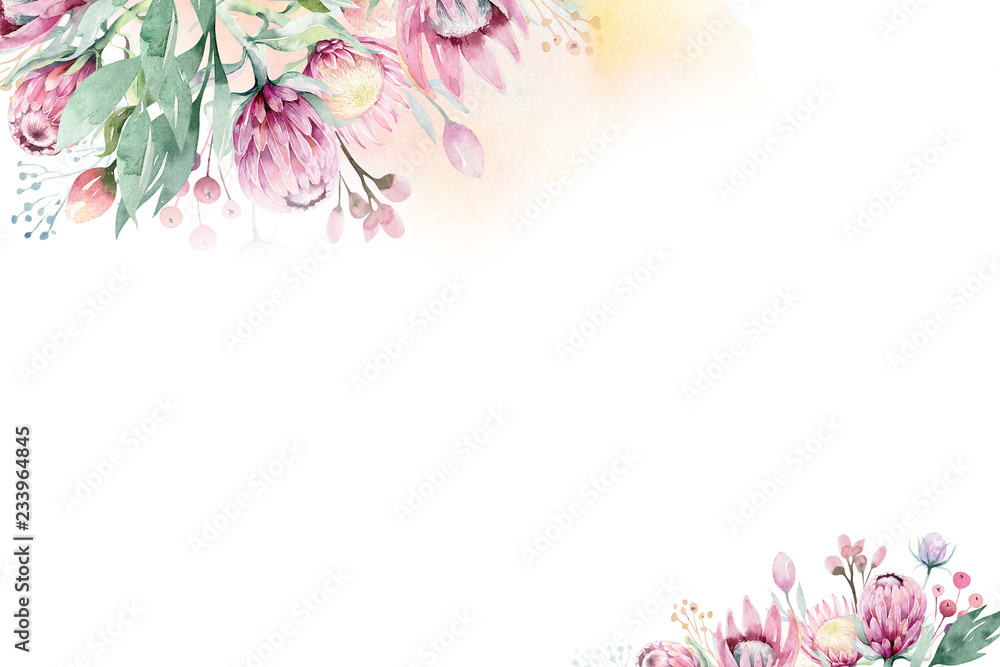 Watercolor Floral decoration spring summer background with blossom protea flower. Wedding decoration frame with floral art.
