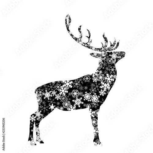 Vector silhouette of deer with snowflakes.