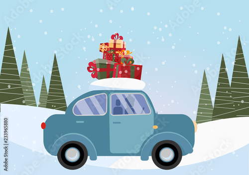 Flat vector cartoon illustration of retro car with present on the roof. Little classic blue car carrying gift boxes on its rack. Vehicle car side view. Snow-covered landscape with firs and snowdrift