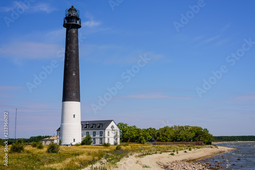 Sightseeing of Saaremaa island. Sõrve lighthouse is a popular landmark and scenic location on the Baltic sea coast, Saaremaa island, Estonia