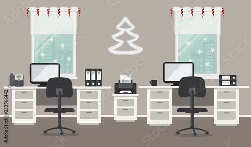 Gray office, decorated with Christmas decoration. There are desks, black chairs, a printer and other objects on a window background. There is also a decorative Christmas tree on the wall here. Vector