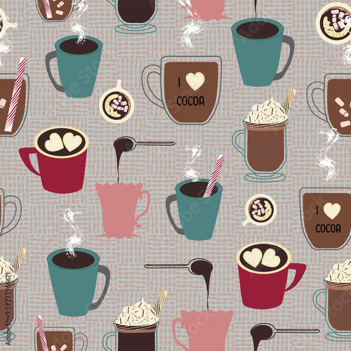 Collection of hot cocoa and hot chocolate mugs arranged in a seamless repeat pattern background
