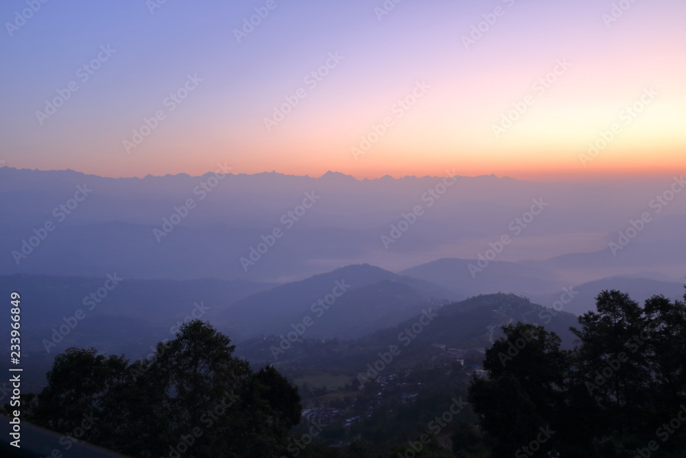 Beautiful first light from sunrise on Himalaya mountain range, Nepal