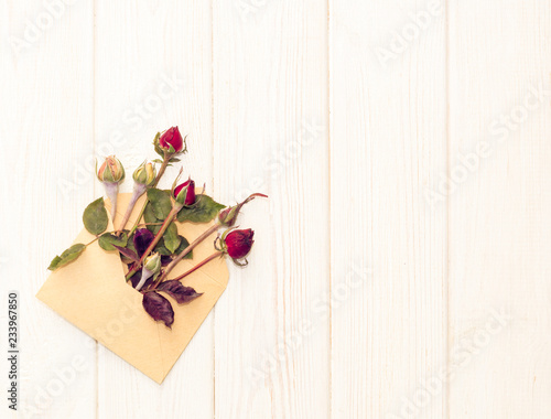 Festive bouquet of pink buds on the background of old white wooden boards