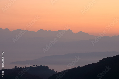 Beautiful first light from sunrise on Himalaya mountain range, Nepal photo