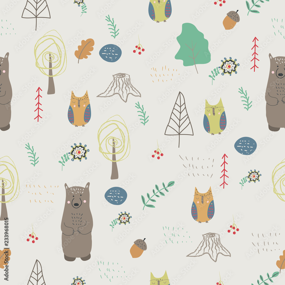Forest animals. Seamless pattern in scandinavian style. Creative kids  texture for fabric, wrapping, textile, wallpaper, apparel. Vector  illustration. Stock Vector | Adobe Stock
