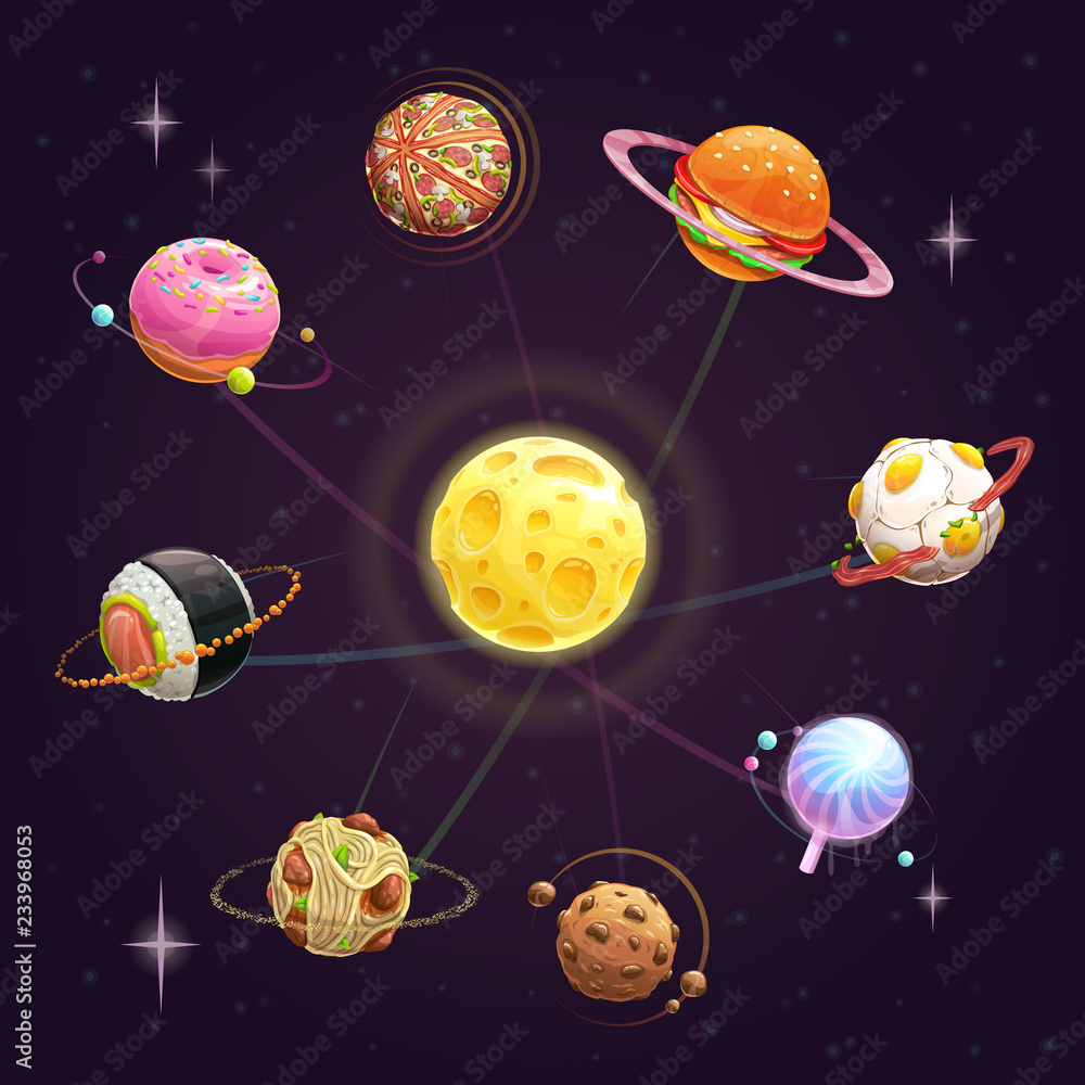 Funny cartoon creative yummy solar system. Fast food planets set.