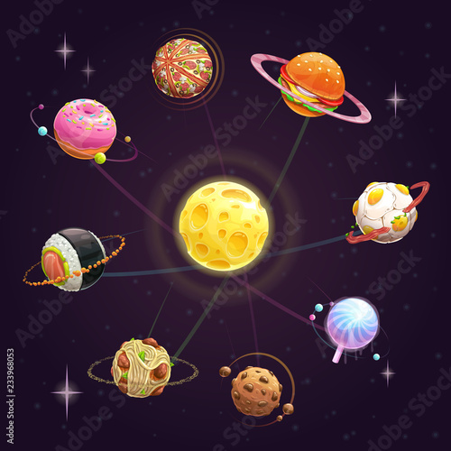 Funny cartoon creative yummy solar system. Fast food planets set.