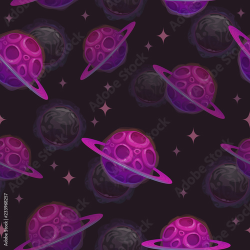 Cartoon astronomic seamless pattern with purple planets and stars on the dark space background.
