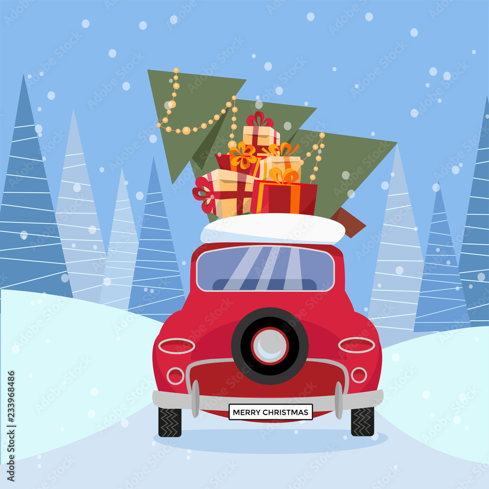Flat vector cartoon illustration of retro car with presents, christmas tree on roof. Little red car carrying gift boxes. Vehicle back, car rear view decorated with wheel. Winter snowy forest around