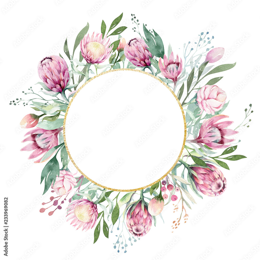 Hand drawing isolated watercolor floral frame with protea rose, leaves, branches and flowers. Bohemian gold crystal frame. Elements for greeting wedding card.