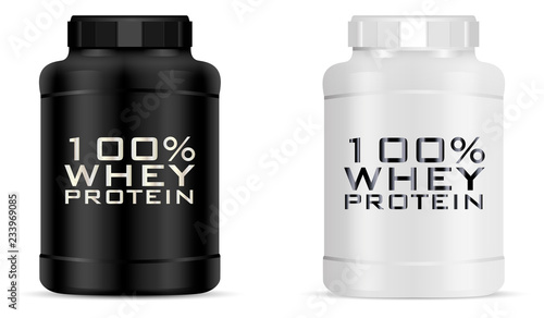 Big sports nutrition jar set vector illustration. Protein bottles with faceted lid. black and white cans isolated on background.