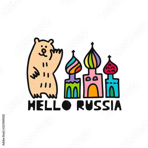 Travel card concept with cathedral, bear and text 'hello to Russia' Doodle style