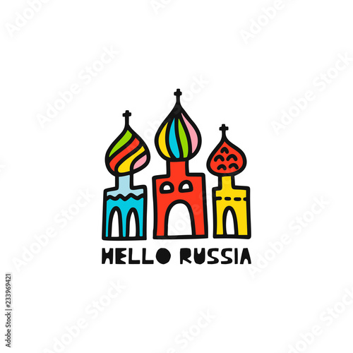 Travel card concept with cathedral and text 'hello Russia' Doodle style.