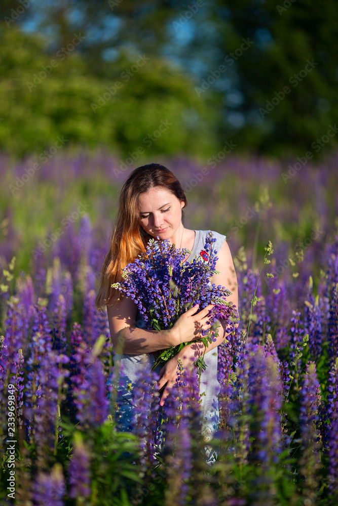 A beautiful girl is standing in a lupine field. A beautiful girl is standing in a lupine field.
