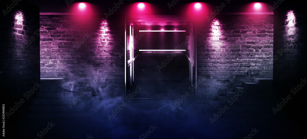 Background of an empty room with brick walls and concrete floor. Empty room, stairs up, elevator, smoke, smog, neon lights, lanterns Background of an empty room with brick walls and concrete floor. Empty room, stairs up, elevator, smoke, smog, neon lights, lanterns