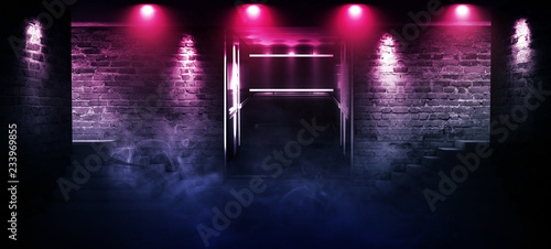 Background of an empty room with brick walls and concrete floor. Empty room, stairs up, elevator, smoke, smog, neon lights, lanterns