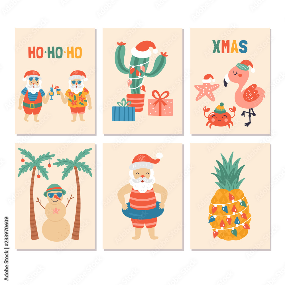 Christmas holiday greeting card set with Santa claus on sea beach