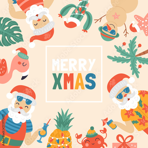 Christmas holiday cute greeting card with Santa Claus on sea beach.