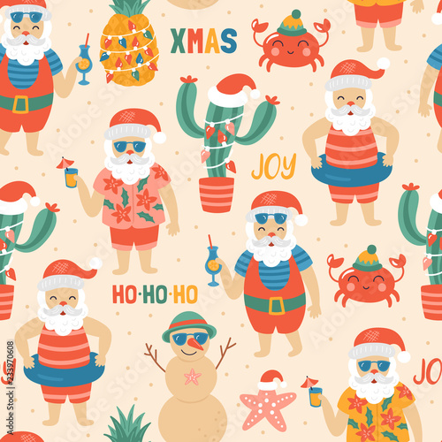 Seamless pattern for Christmas holiday with Santa Claus on sea beach.