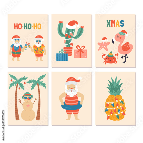 Christmas holiday greeting card set with Santa claus on sea beach