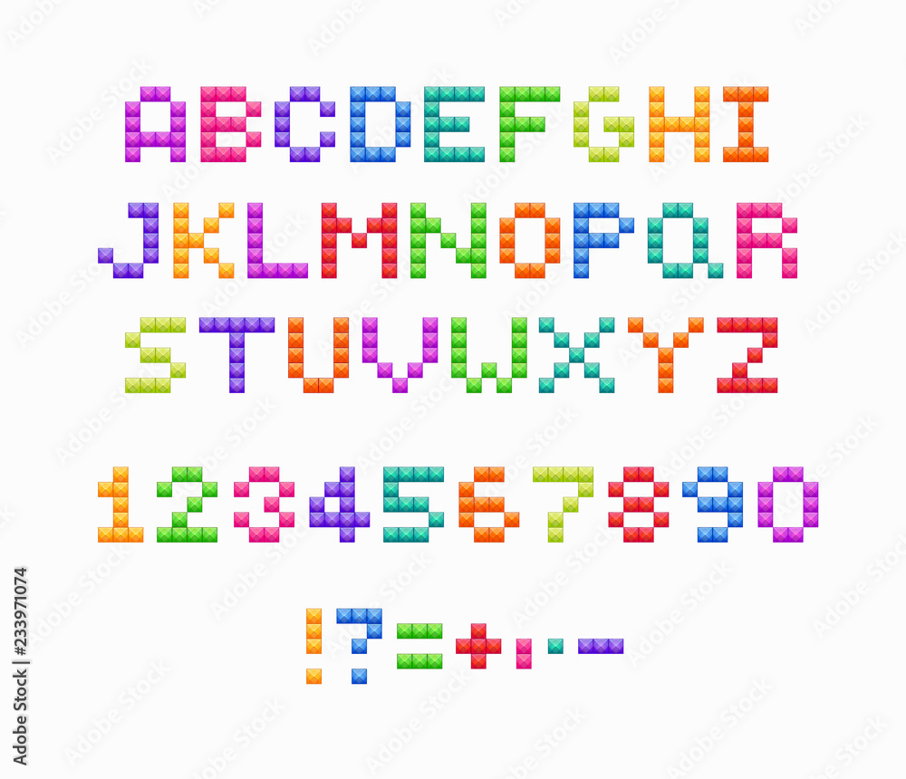 Crystal pixel font, retro video game design. Vector colorful alphabet.