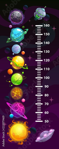 Kids space height chart, cosmic wall meter with cartoon fantasy planets.