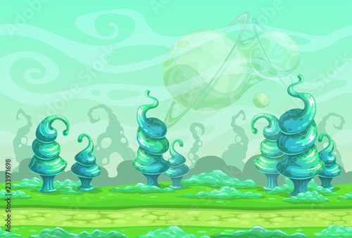 Fantasy seamless landscape with big blue strange plants.