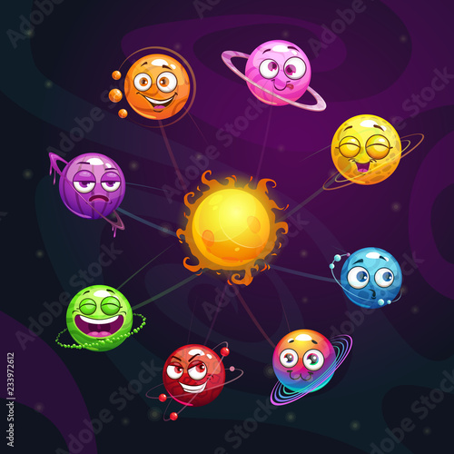 Funny cartoon fantasy solar system with colorful planet and sun characters on the space background.