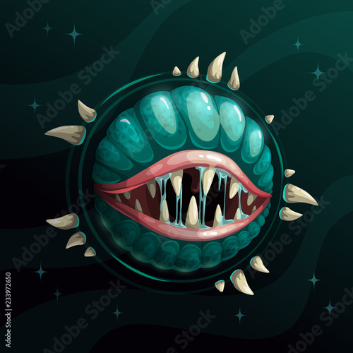 Cartoon creepy monster planet with spittle mouth and jaws on the dark space background.