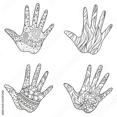 Hands with abstract patterns on isolation background. Design for spiritual relaxation for adults. Zen art. Doodles for banners, posters and textiles. Black and white illustration for coloring