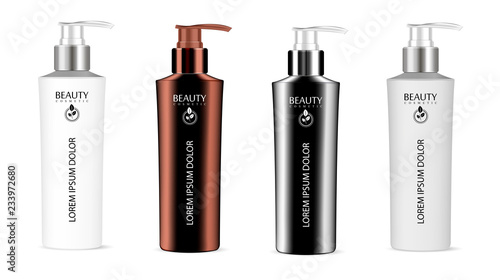 Realistic vector illustration blank template of plastic bottles with dispenser pump. Mock up of cosmetics package. Empty 3d colored plastic containers with pump for liquid soap, cream, shampoo.