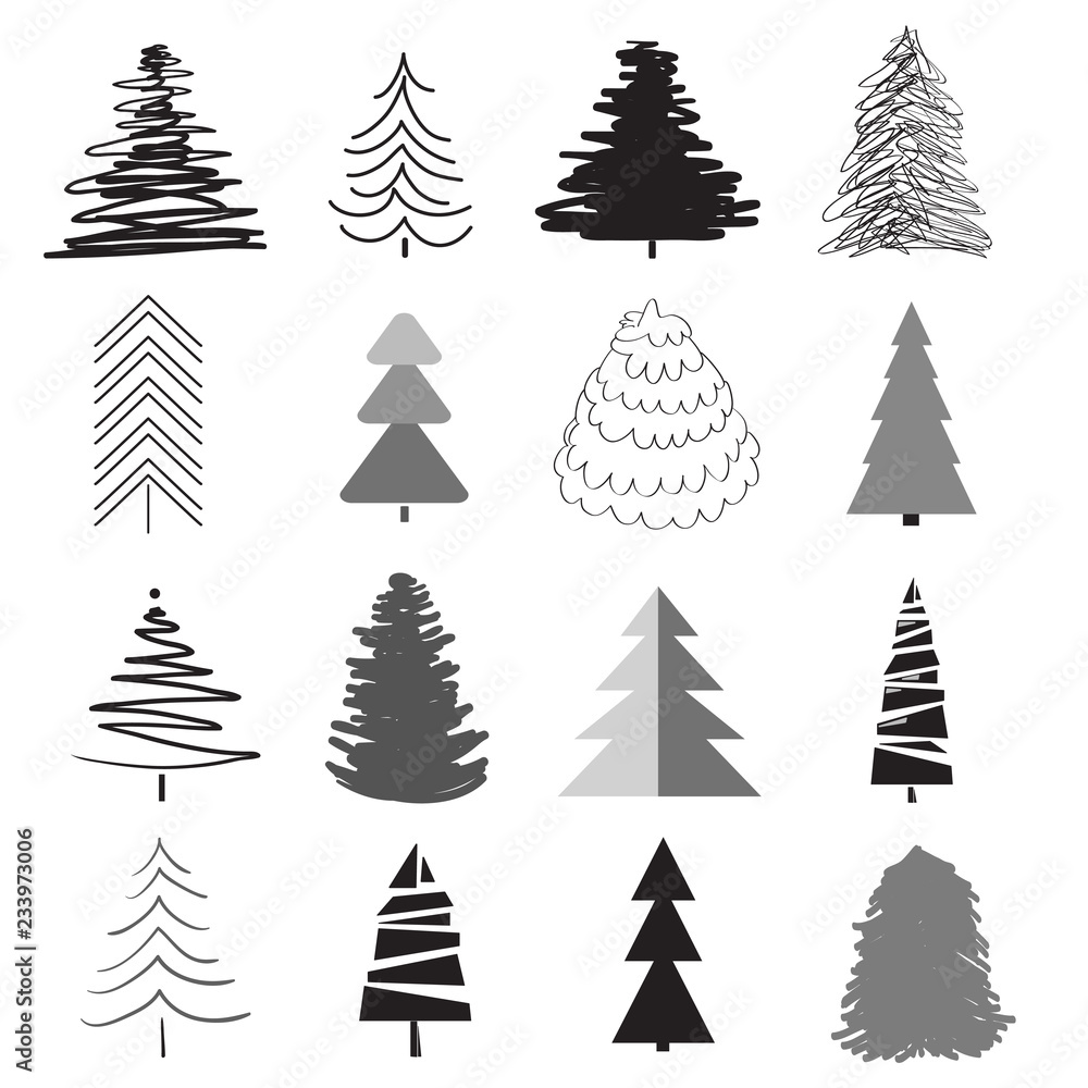 Christmas trees on white. Set for icons on isolated background. Geometric art. Objects for polygraphy, posters, t-shirts and textiles. Black and white illustration Christmas trees on white. Set for icons on isolated background. Geometric art. Objects for polygraphy, posters, t-shirts and textiles. Black and white illustration
