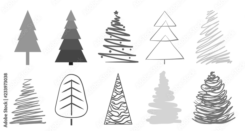 Christmas trees on white. Set for icons on isolated background. Geometric art. Objects for polygraphy, posters, t-shirts and textiles. Black and white illustration Christmas trees on white. Set for icons on isolated background. Geometric art. Objects for polygraphy, posters, t-shirts and textiles. Black and white illustration