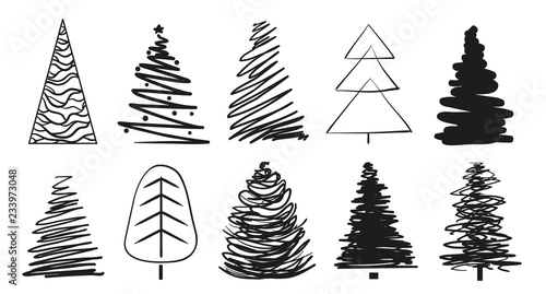 Christmas trees on white. Set for icons on isolated background. Geometric art. Objects for polygraphy, posters, t-shirts and textiles. Black and white illustration