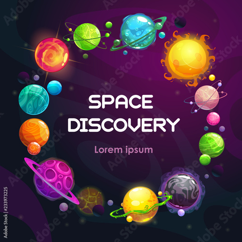 Creative space background with cartoon colorful fantasy planets. Astronomy concept background.