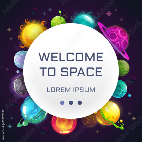 Welcome to space. Creative space background with cartoon colorful fantasy planets.