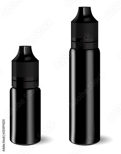 Vape E liquid dropper bottle set in black color. Realistic essential oil jar. Mock up container. Cosmetic vial, flask, flacon isolated on white background. Medical bank.