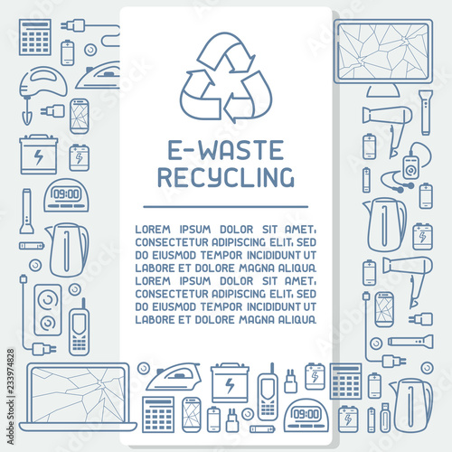 E-waste recycling ready poster concept with old appliances and inscription. Line style vector illustration. There is place for your text