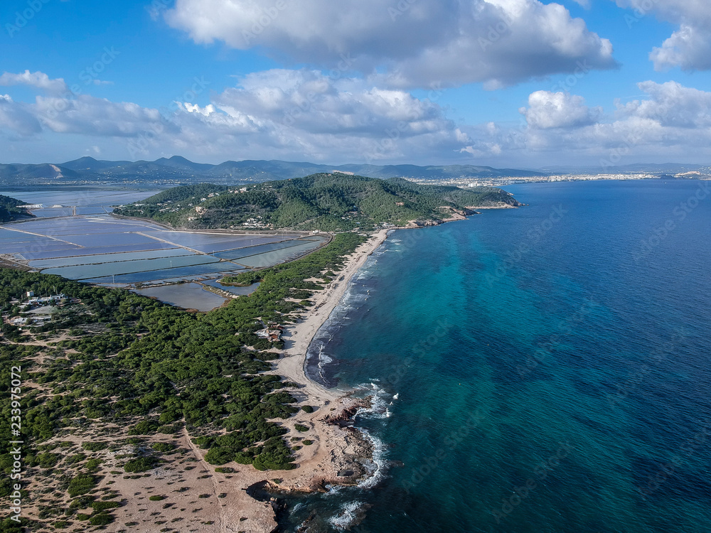 Aerial view of Ses Cavallet beach, Ibiza. Spain.