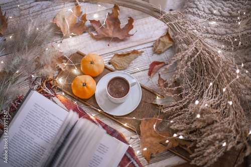 fall cozy day with cup of coffee, book and delicious pie