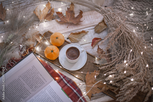 fall cozy day with cup of coffee, book and delicious pie