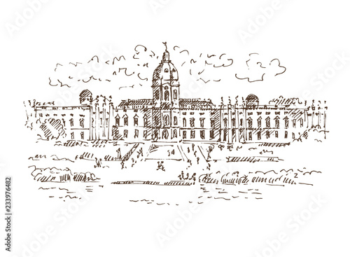 Hand drawn Charlottenburg palace and garden in Berlin, Germany. Berlin landmark. Vector illustration. Sketch. Vector.